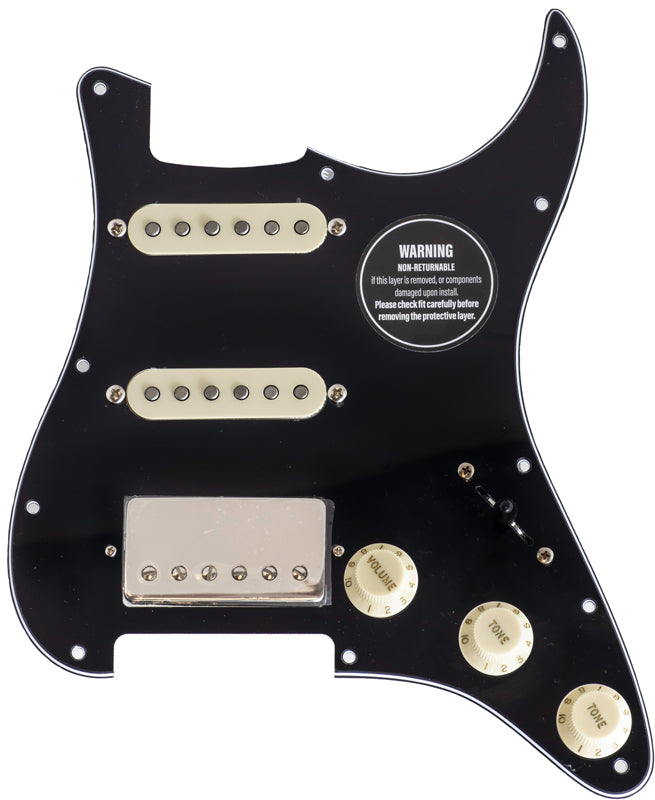 ObsidianWire 3 Ply black loaded HSS pickguard with aged white pickup covers, and aged white knobs