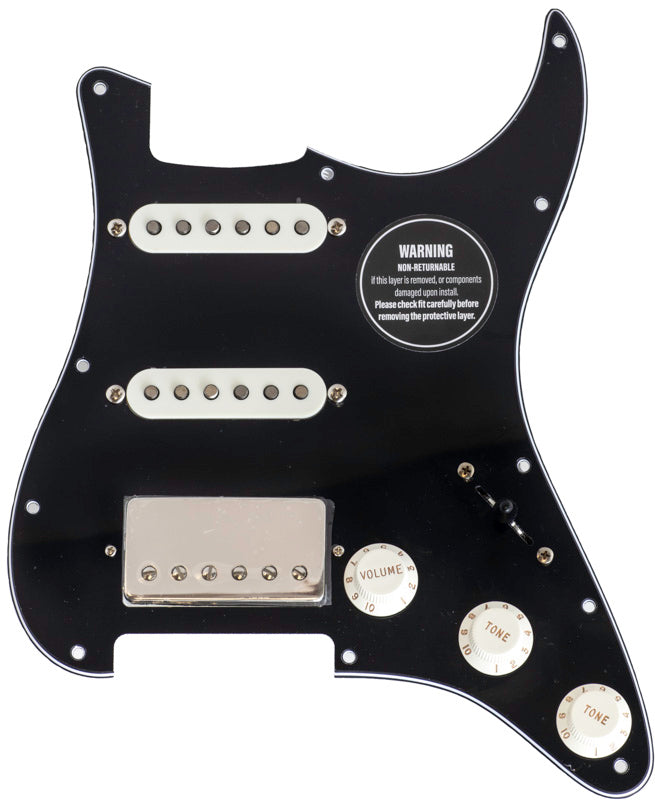 ObsidianWire 3 Ply black loaded HSS pickguard with parchment white pickup covers, and parchment white knobs