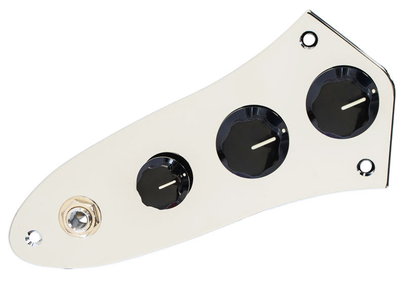 a chrome loaded control plate for jazz bass is shown on a white background. The control plate has standard black jazz bass knobs