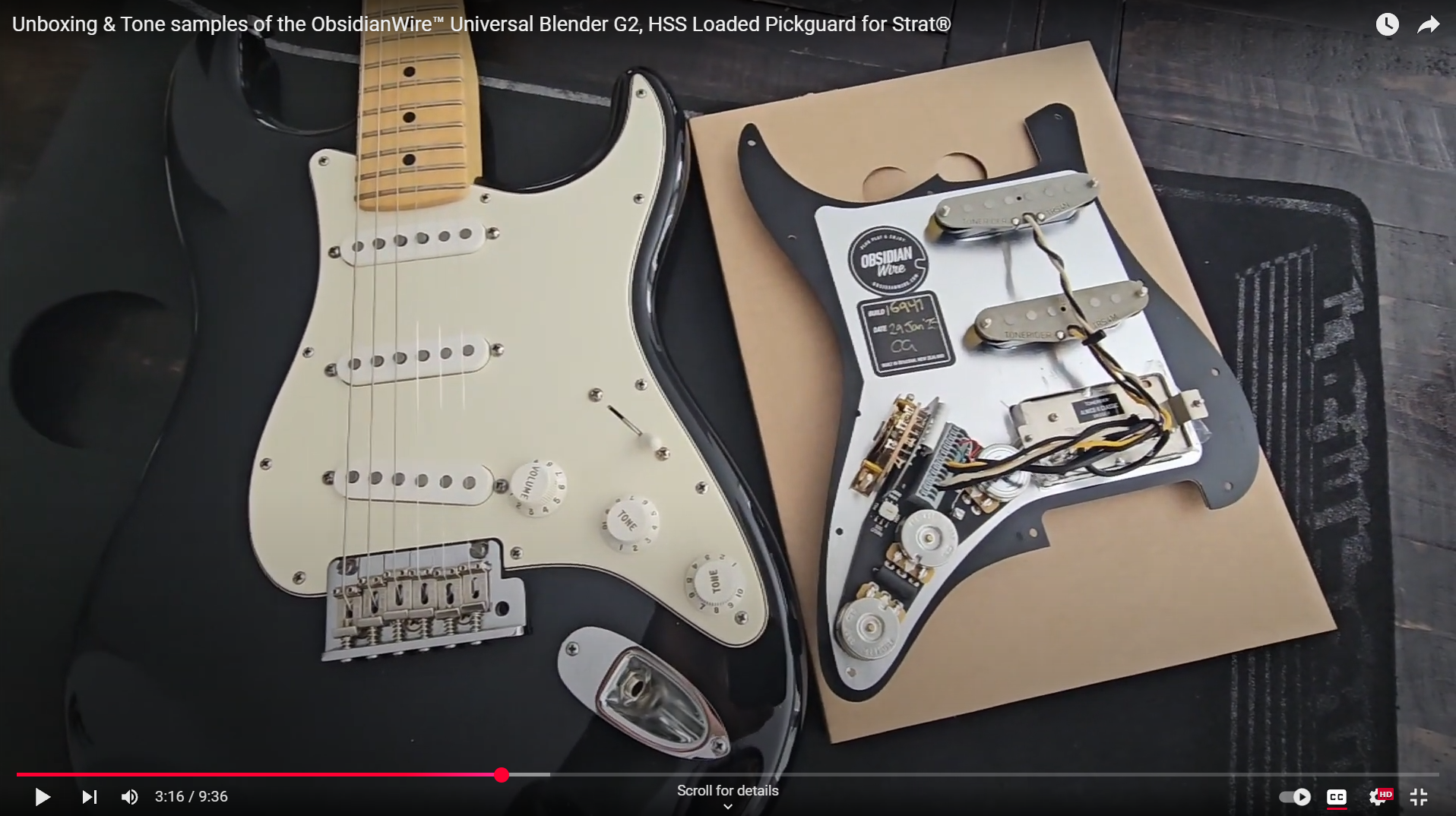 Load video: Unboxing and sound sample demo of the ObsidianWire Custom HSS loaded pickguard for Stratocaster